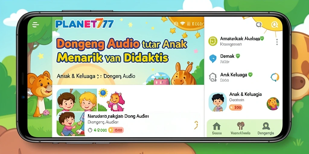 Antarmuka aplikasi PLANET77 yang ramah anak dengan beragam dongeng audio.